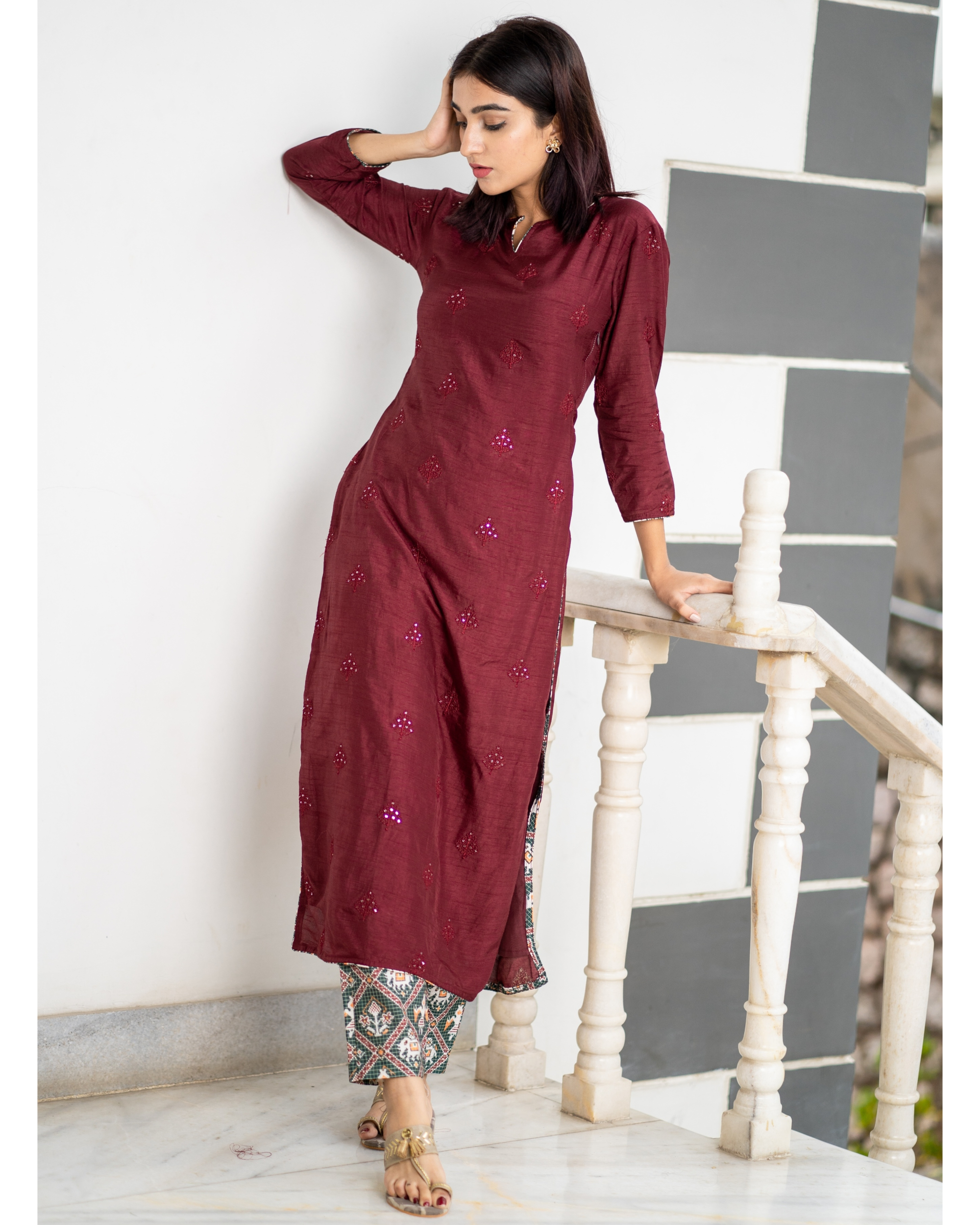 Maroon embroidered kurta with patola pants set of two by The Weave Story The Secret Label