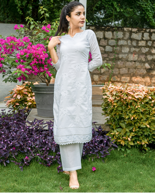 White embroidered kurta set with chikankari dupatta - set of three by ...