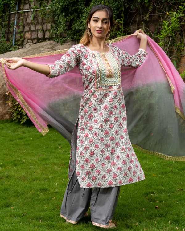 Pink and Grey Sharara Set - Set of Three by Desi Doree | The Secret Label