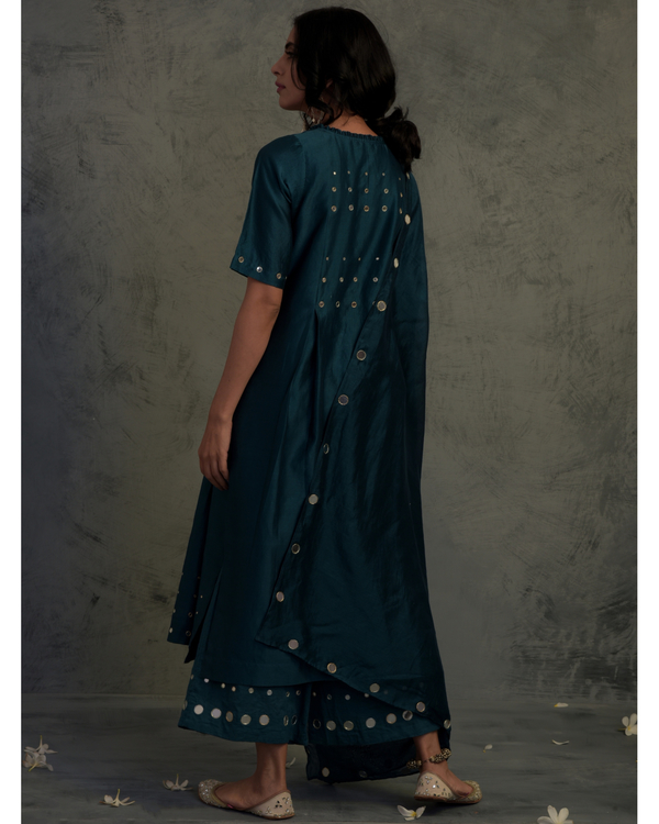 Teal chanderi mirror work tasseled suit set- set of three 1
