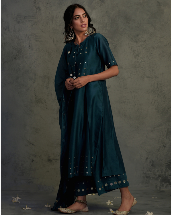 Teal chanderi mirror work tasseled suit set- set of three 2