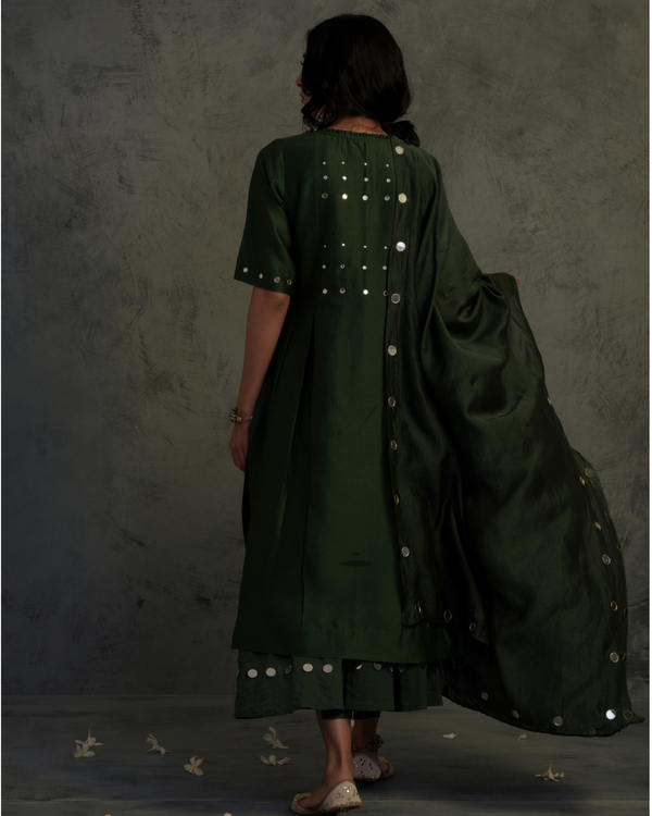 Bottle green chanderi mirror work tassled suit set- set of three 1