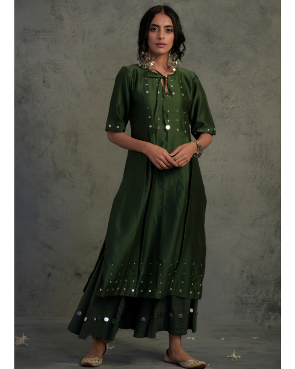 Bottle green chanderi mirror work tassled suit set- set of three 3