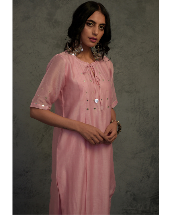 Baby pink chanderi mirror work tasseled suit set - set of three 1