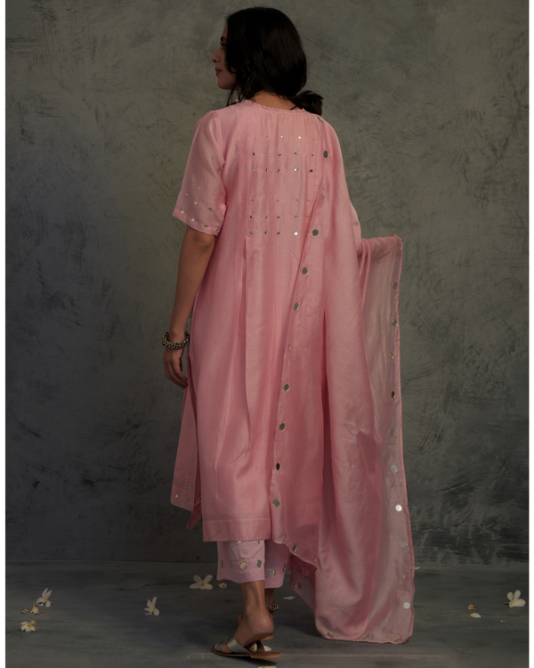 Baby pink chanderi mirror work tasseled suit set - set of three 2
