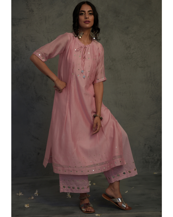 Baby pink chanderi mirror work tasseled suit set - set of three 3