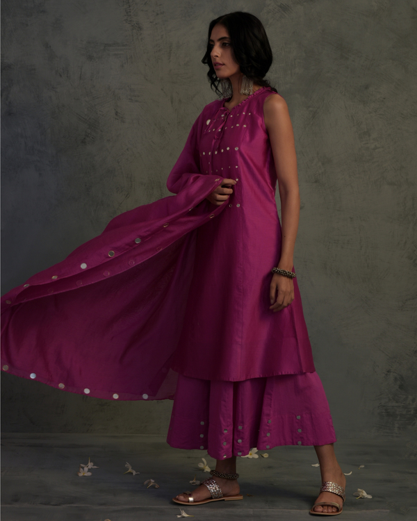 Magenta chanderi tassled suit set- set of three 3