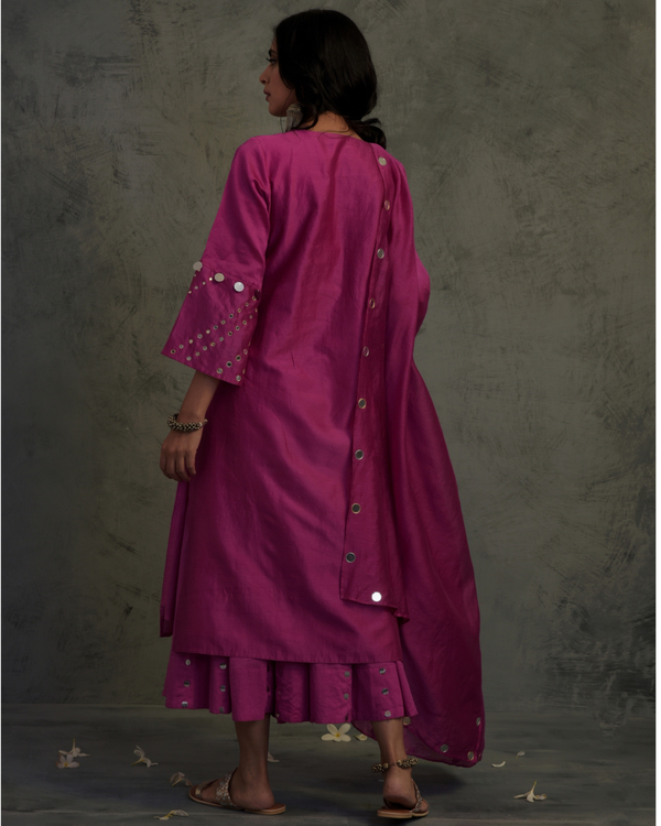 Magenta chanderi bell sleeved suit set - set of three 1