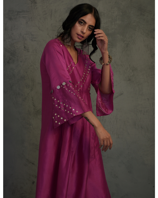 Magenta chanderi bell sleeved suit set - set of three 2
