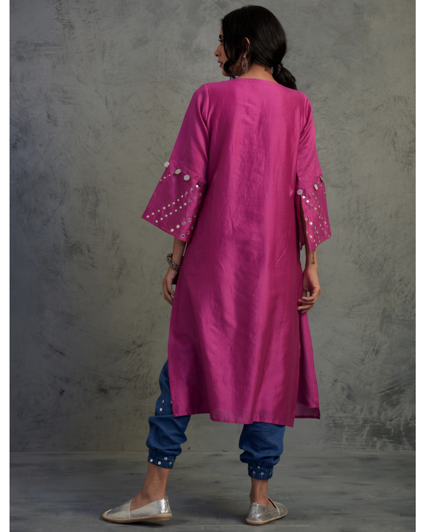 Magenta mirror work chanderi kurta with joggers and dupatta- set of three 1