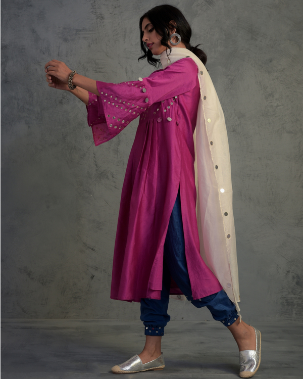 Magenta mirror work chanderi kurta with joggers and dupatta- set of three 2