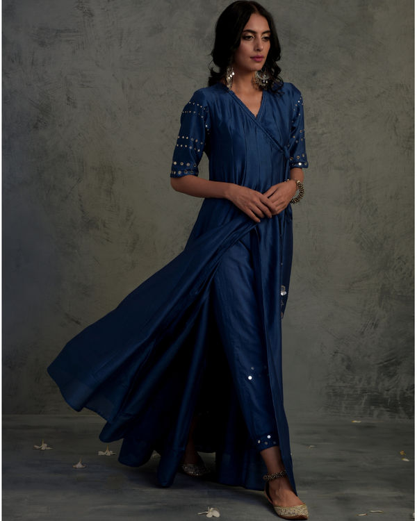 Midnight blue chanderi angrakha suit set- set of three 1