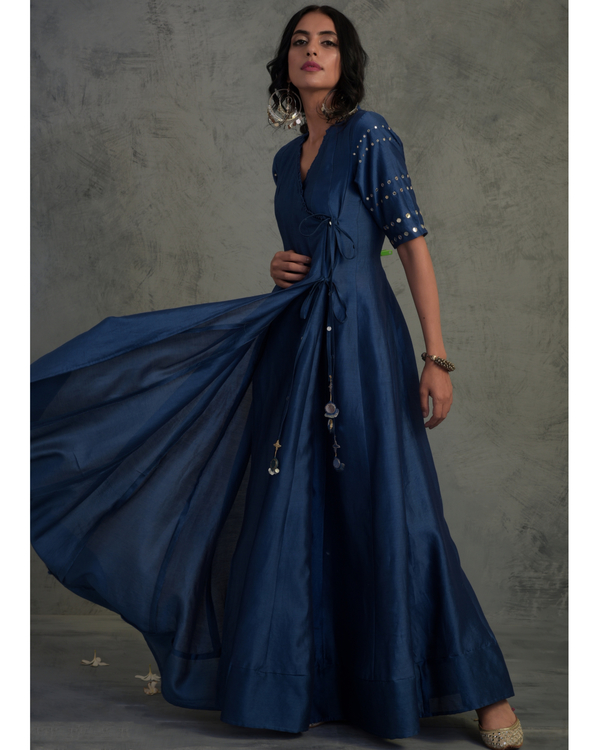 Midnight blue chanderi angrakha suit set- set of three 2