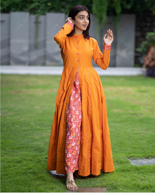 Mustard cotton cape with patola pants - set of two by Desi Doree | The ...