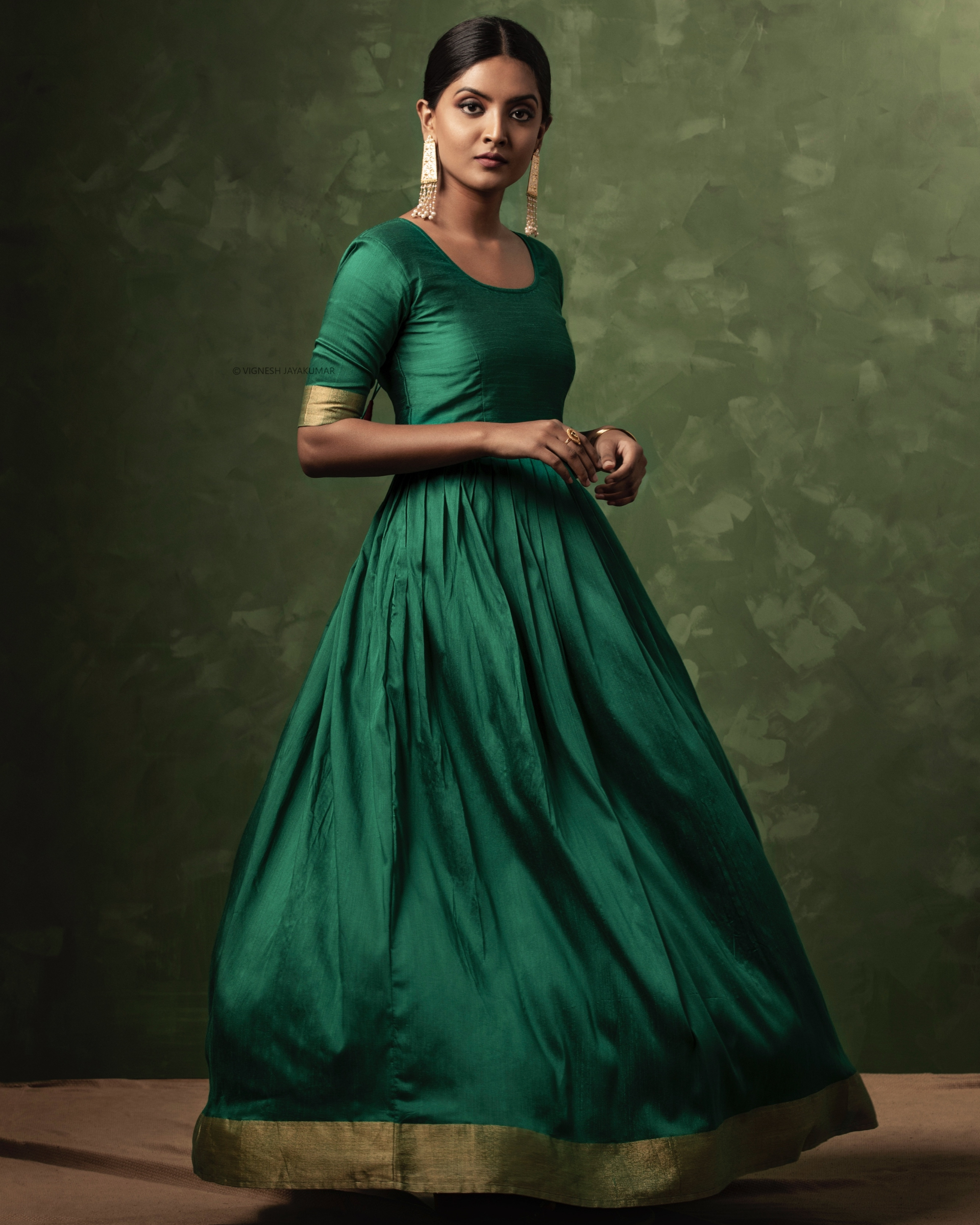 Emerald green and gold zari dress with ...