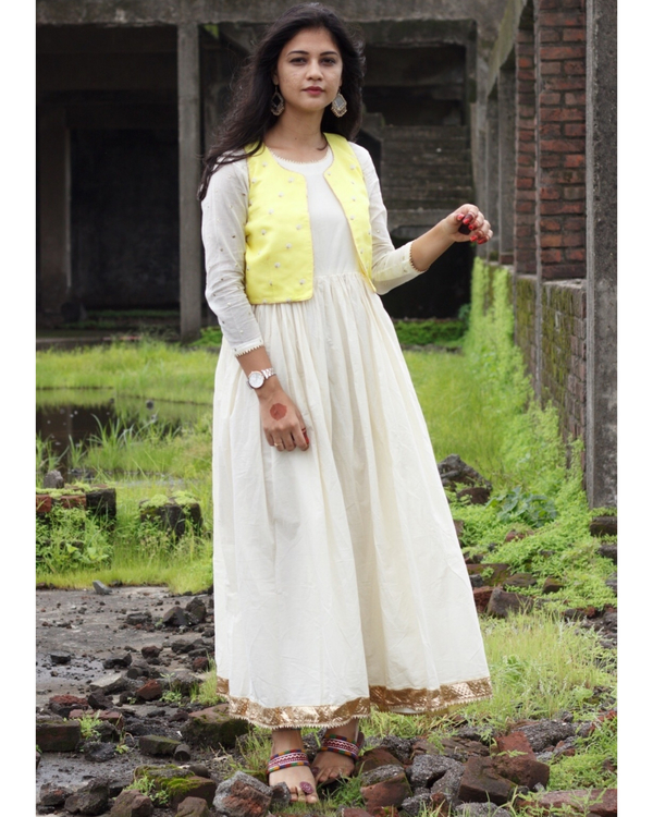 Yellow jacket with white gota gown - set of two by Threeness | The ...