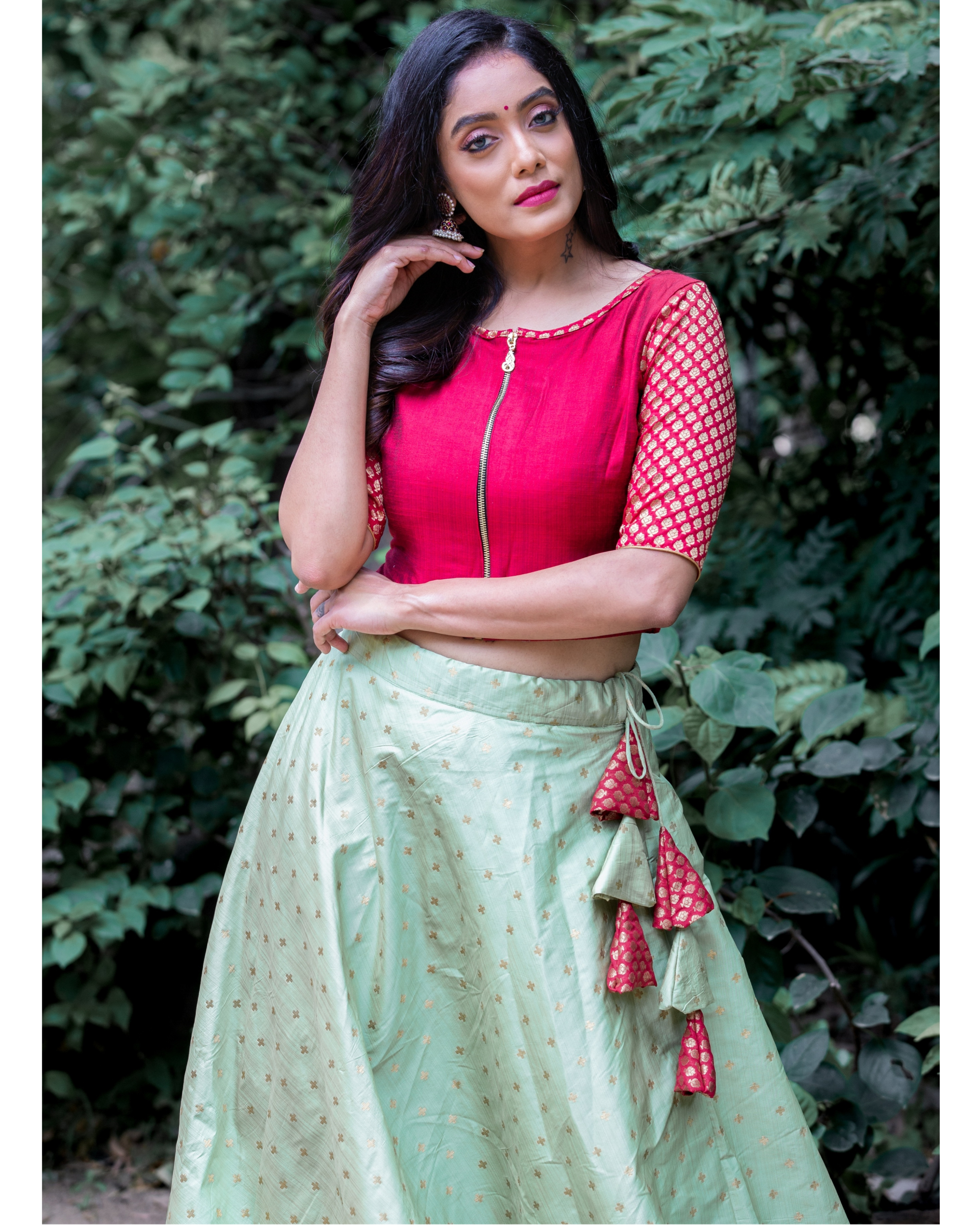 Yellow embroidered top with pista green tafetta silk skirt  Aharin by  Prasansha