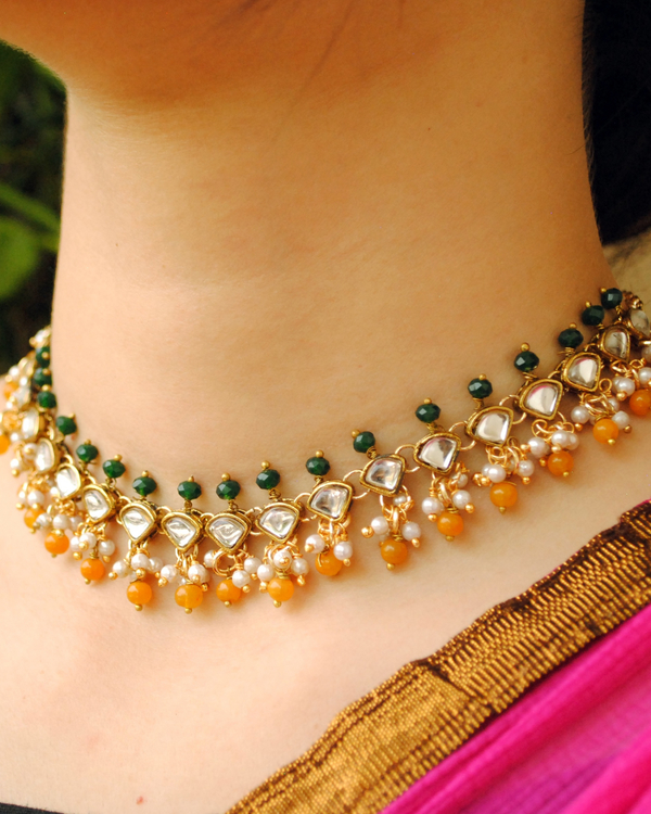 Green and orange beaded kundan necklace and earrings - Set Of Two 1