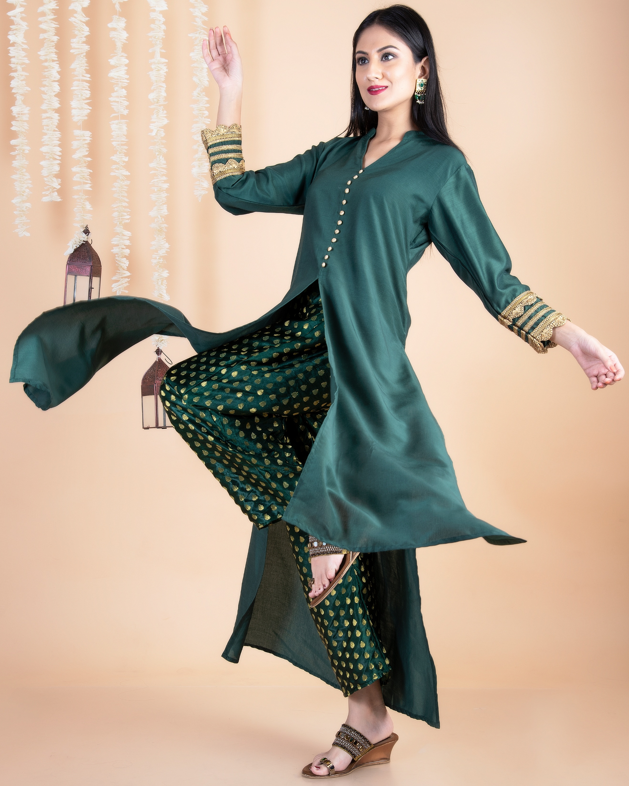 Mint Green Brocade Kurta With Palazzo - Set Of Two by The Weave Story | The  Secret Label