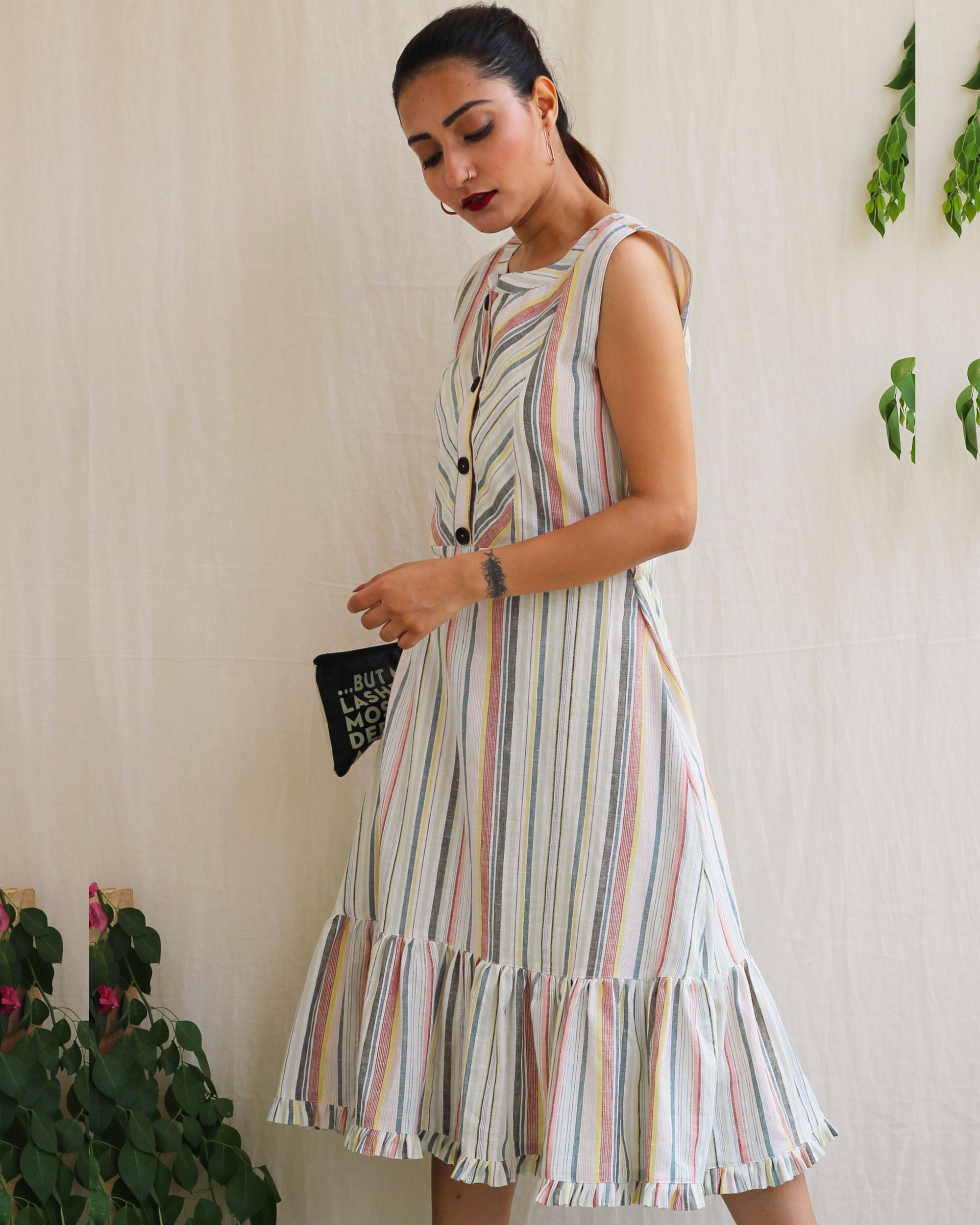 White striped flared dress by Anecdotes | The Secret Label