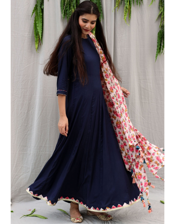 Navy blue flared dress with dupatta - set of two 3