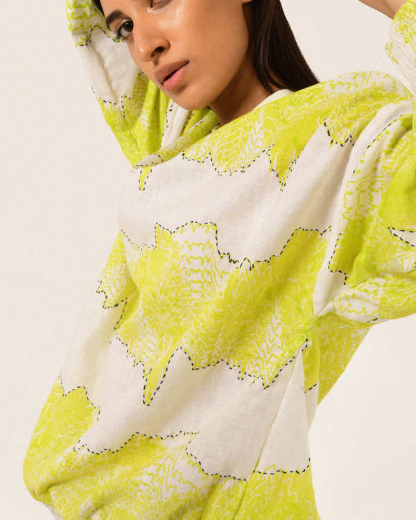Neo green cotton sweatshirt with geo block line prints 1