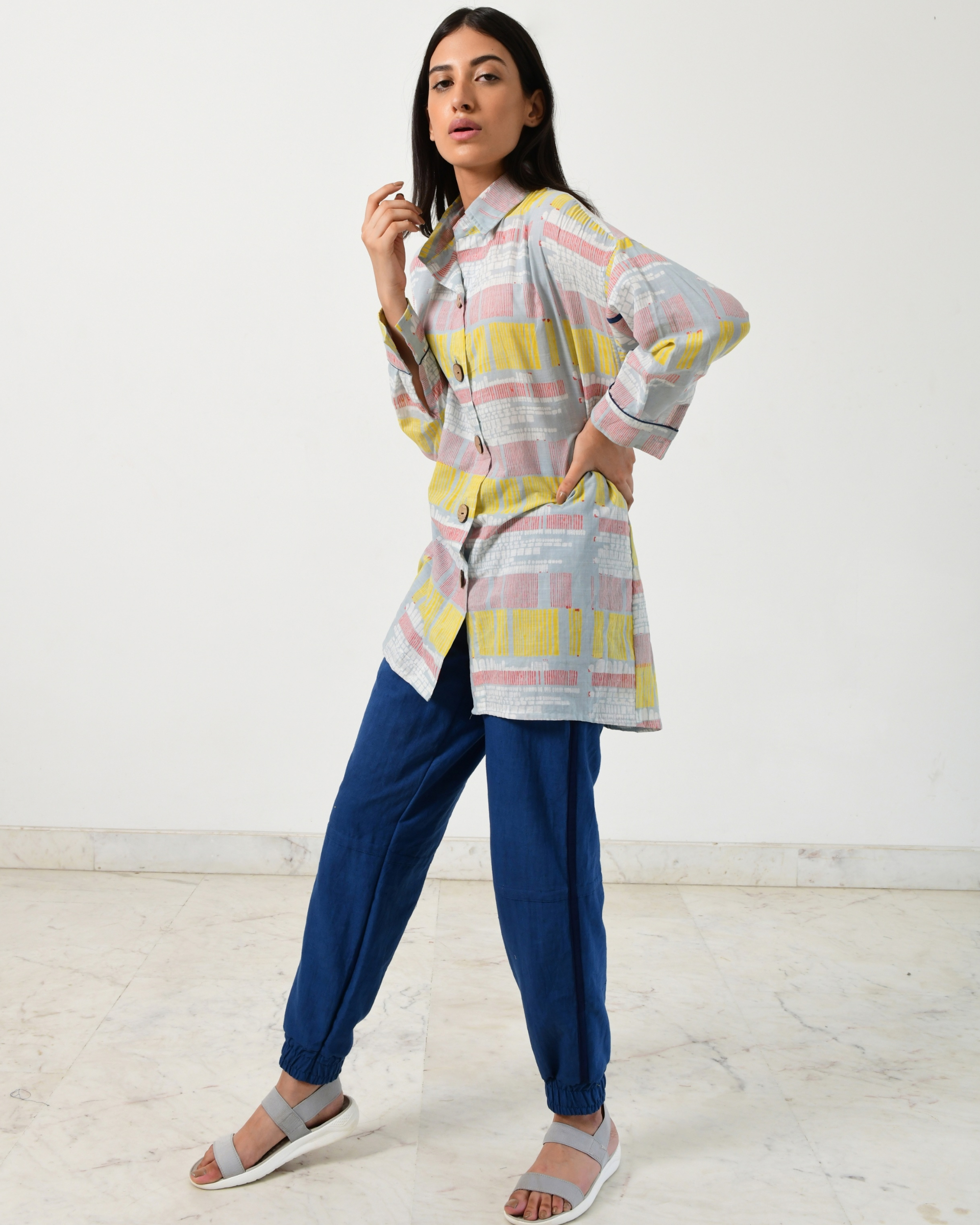 Grey shirt kurta with block prints and big buttons by Rias | The Secret ...