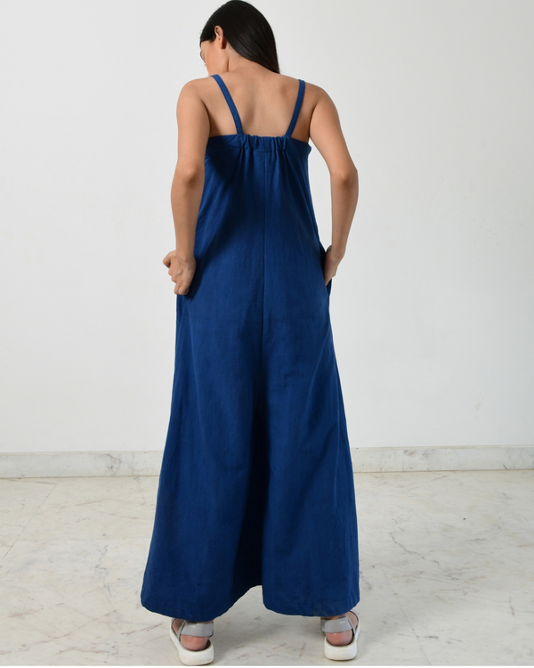 Indigo jumpsuit with fire strap piping 1