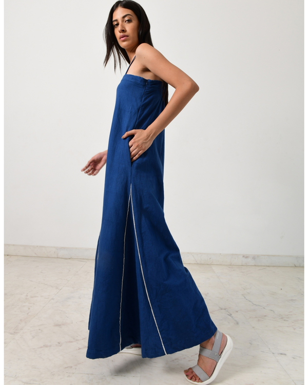 Indigo jumpsuit with fire strap piping 2