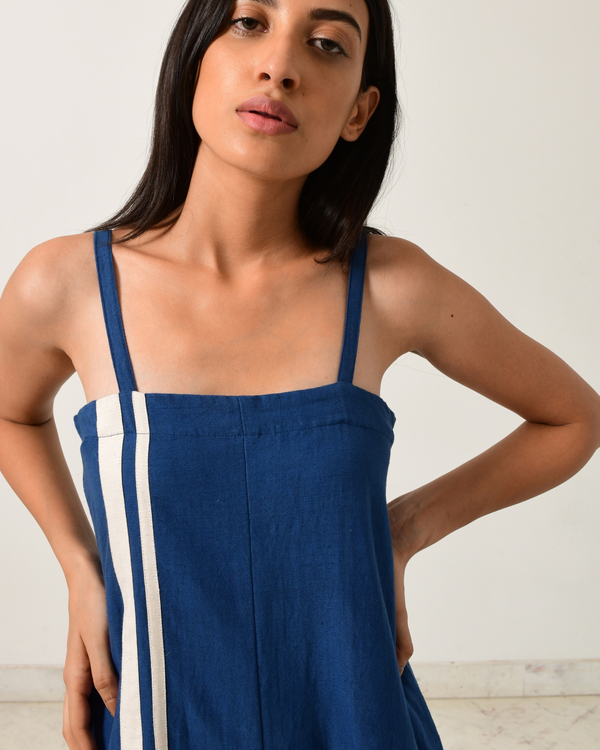 Indigo jumpsuit with fire strap piping 3