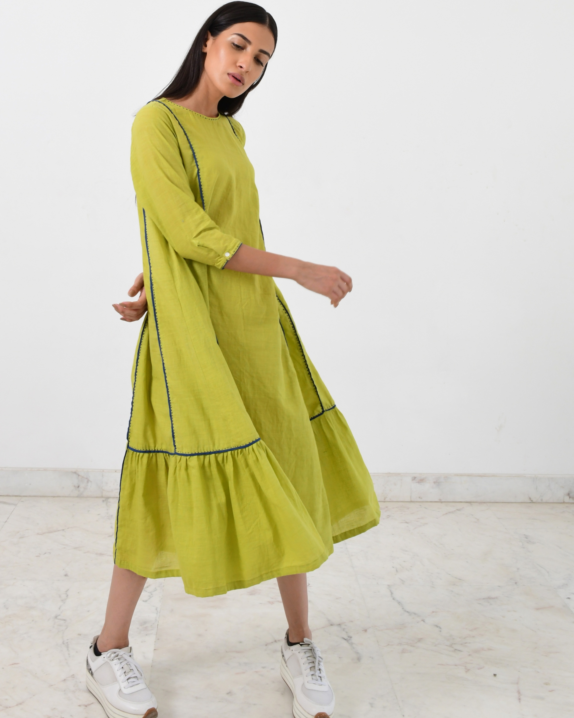 Green paneled cotton dress with contrasting piping by Rias | The Secret ...