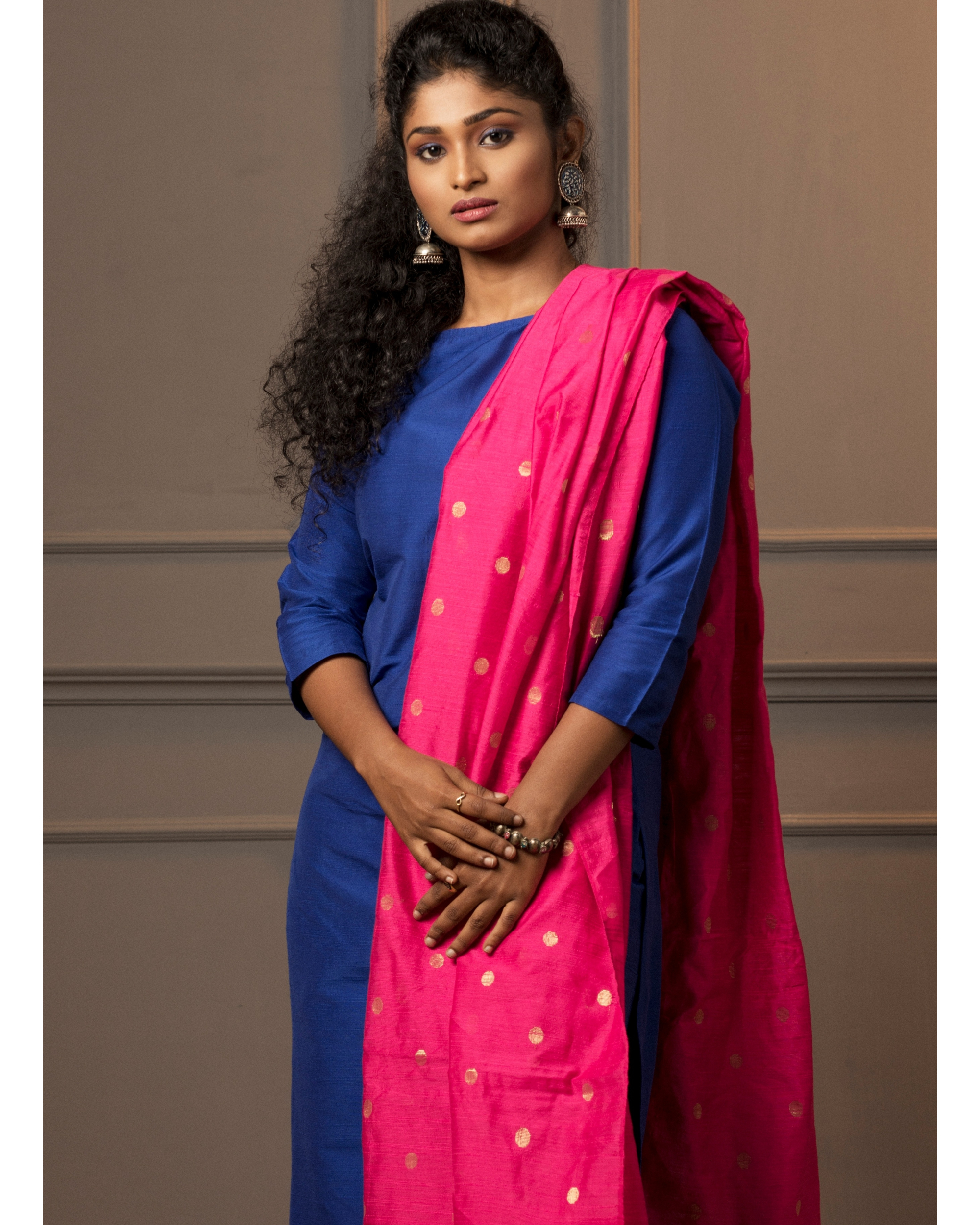 Buy Deep Blue Long Kurti with Banarasi Palazzo Pants, Contrast Pink Borders  and a Matching Banarasi Dupatta