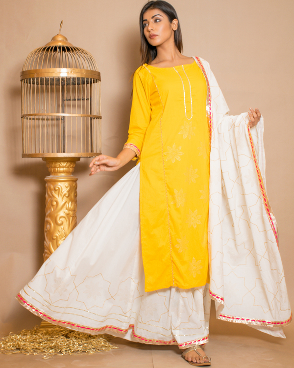 Yellow kurta with white skirt and dupatta - set of three 2