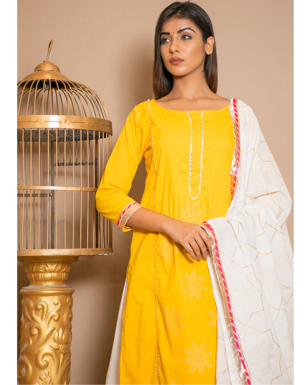 Yellow kurta with white skirt and dupatta - set of three 3