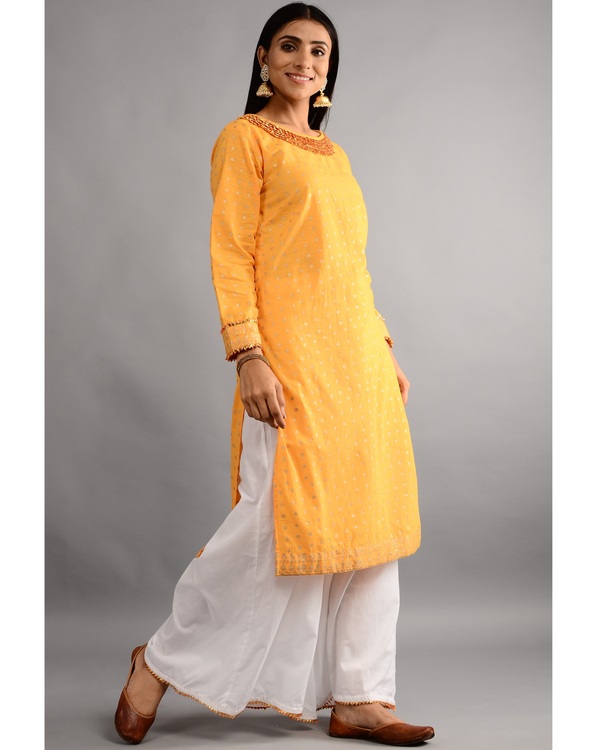 Mustard gota detailed kurta with dupatta and white palazzos - set of ...