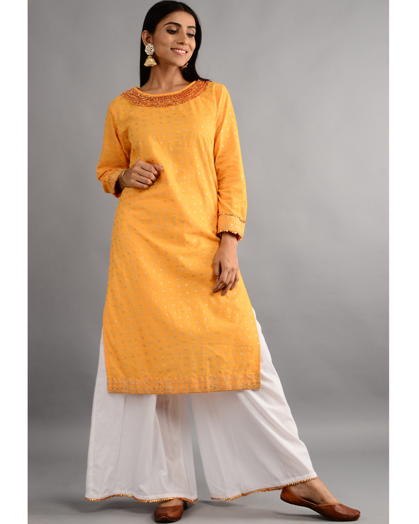 Mustard gota detailed kurta with dupatta and white palazzos - set of ...