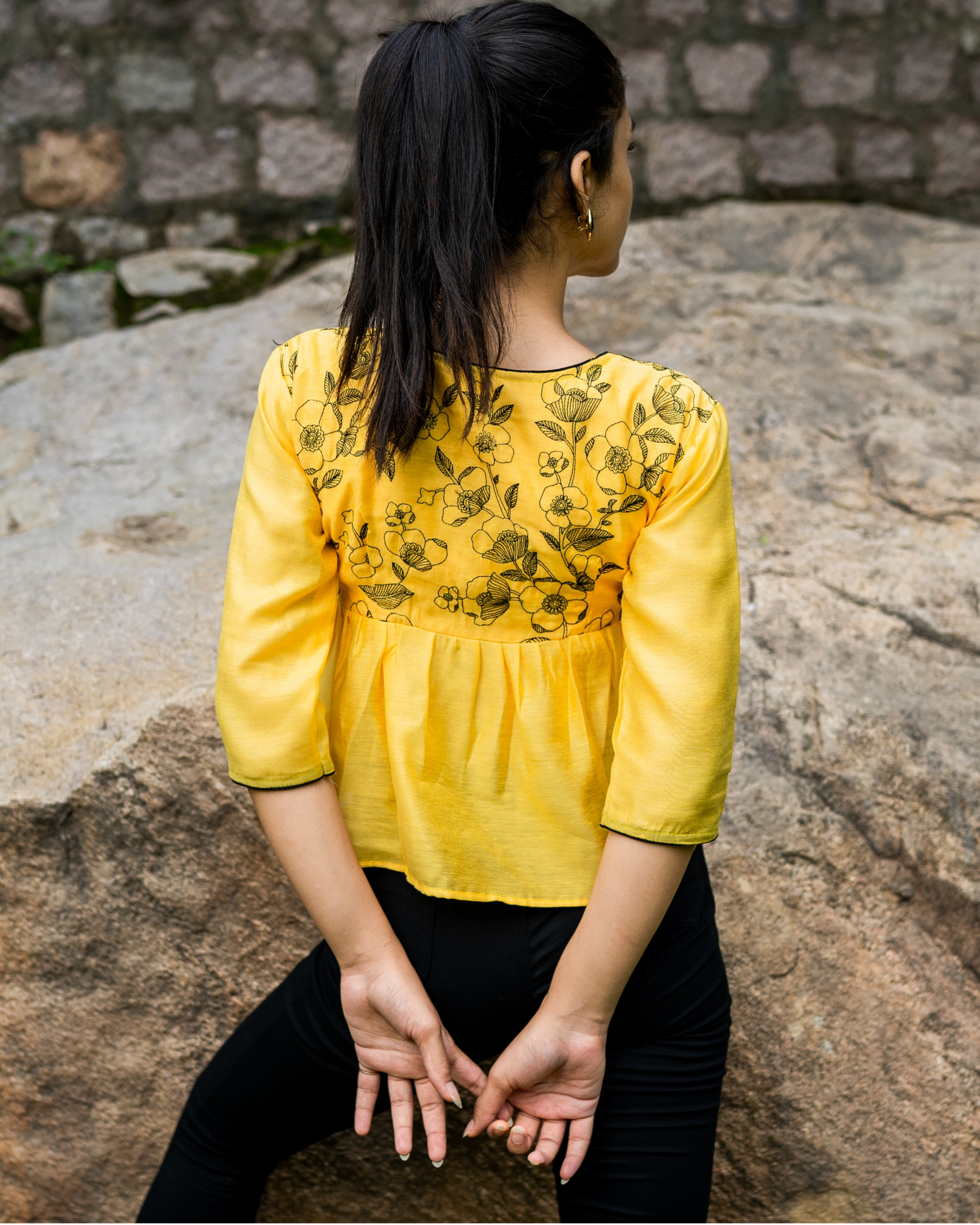 Sunshine yellow embroidered peplum top by The Weave Story