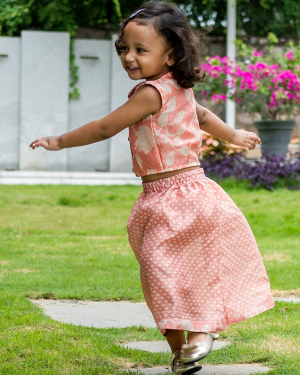 Salmon pink chanderi printed crop top and skirt - Set of Two 1