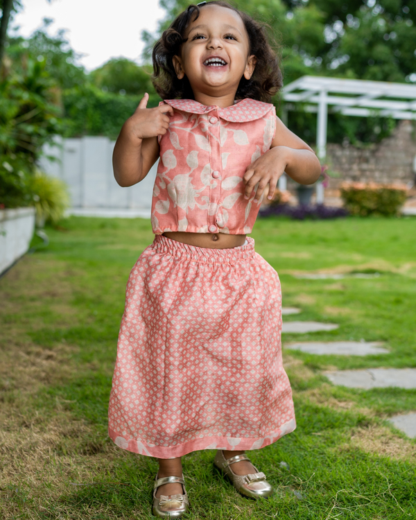 Salmon pink chanderi printed crop top and skirt - Set of Two 3