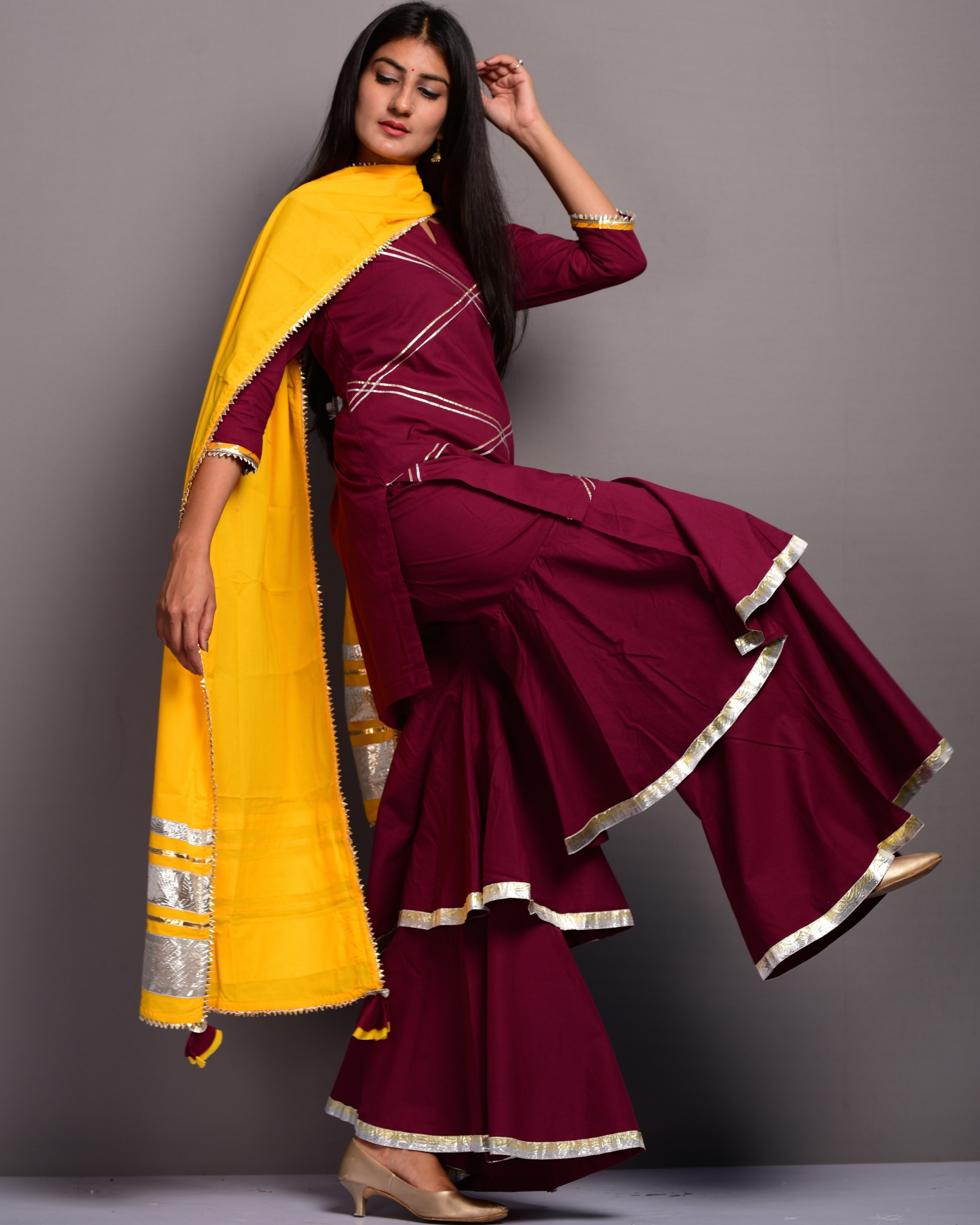 Wine And Mustard Gharara set Set of Three by Kiswah Clothing