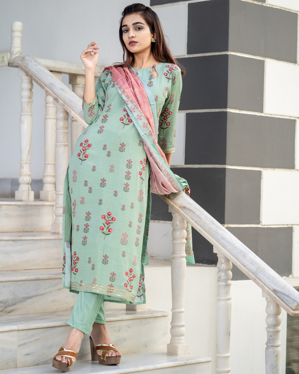 Pistachio Green Embroidered Suit Set with Pink Dupatta Set of Three