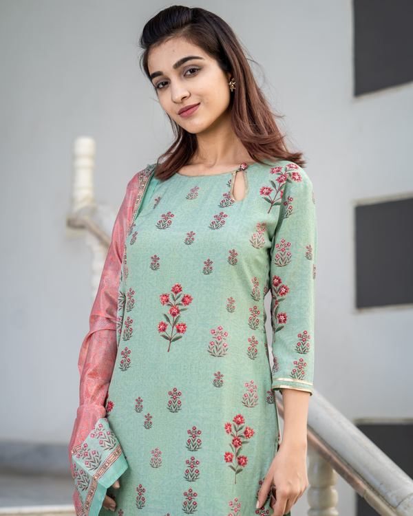 Pistachio Green Embroidered Suit Set with Pink Dupatta - Set of Three ...