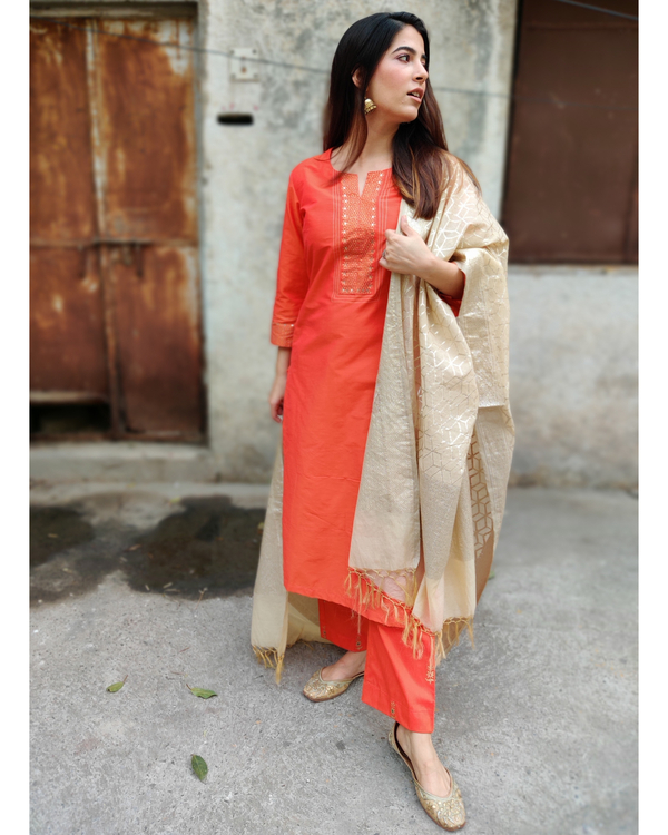 Burnt orange cotton silk kurta set with dupatta - Set of Three by The ...