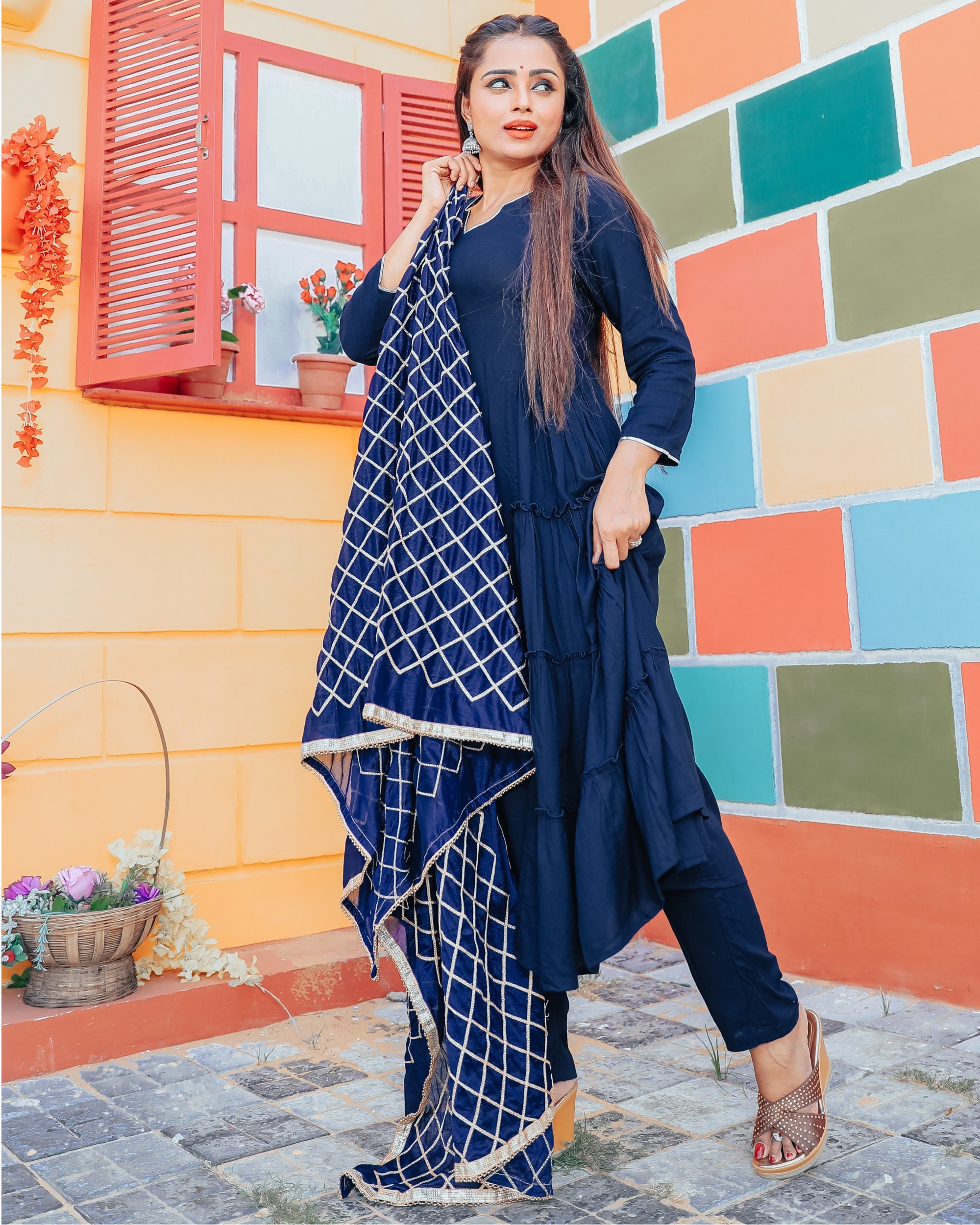 Egyptian blue suit set with gota checkered dupatta - set of three by ...