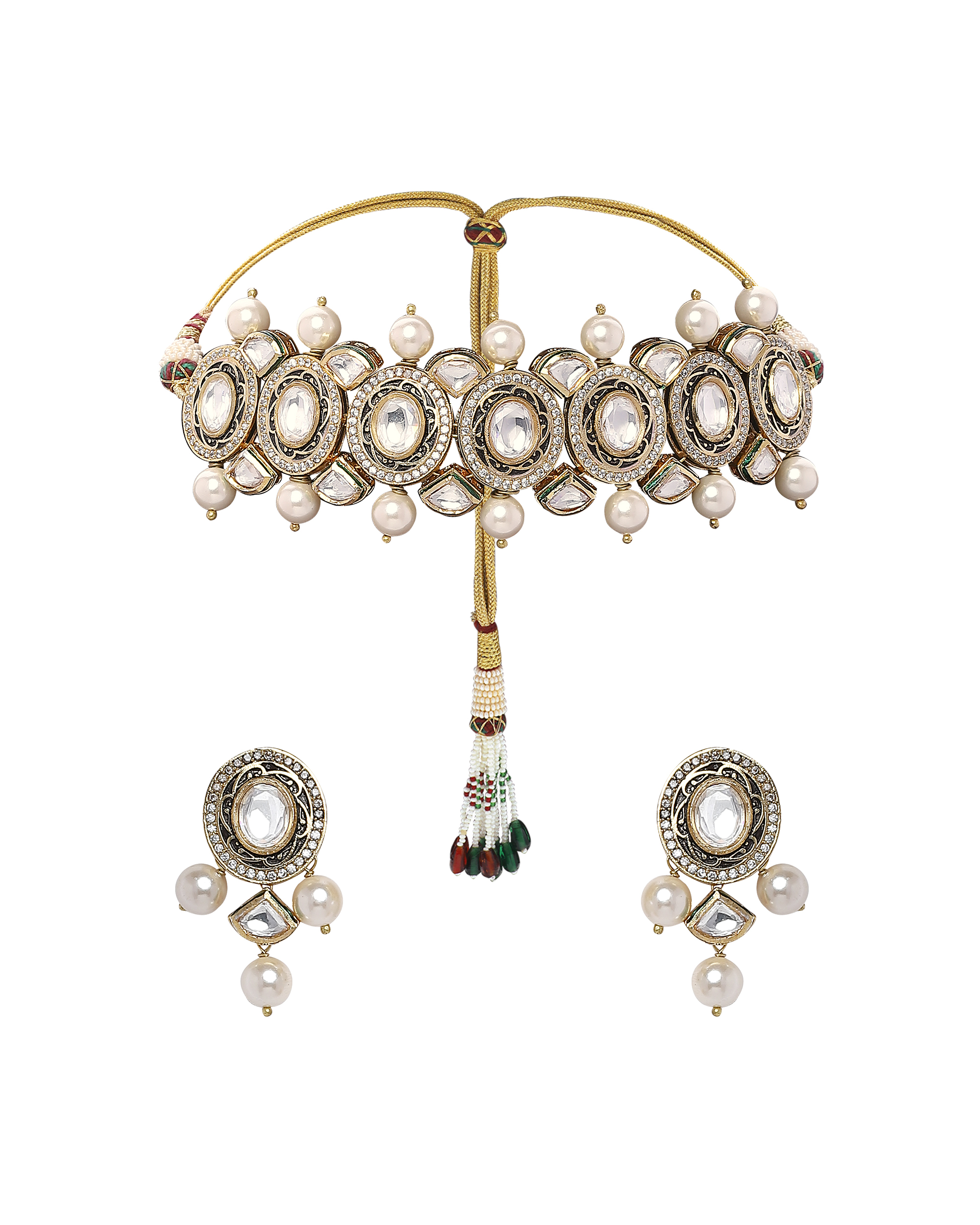 Shell Pearl Choker And Earring Set With Meenakari Lakh Set Of Two By