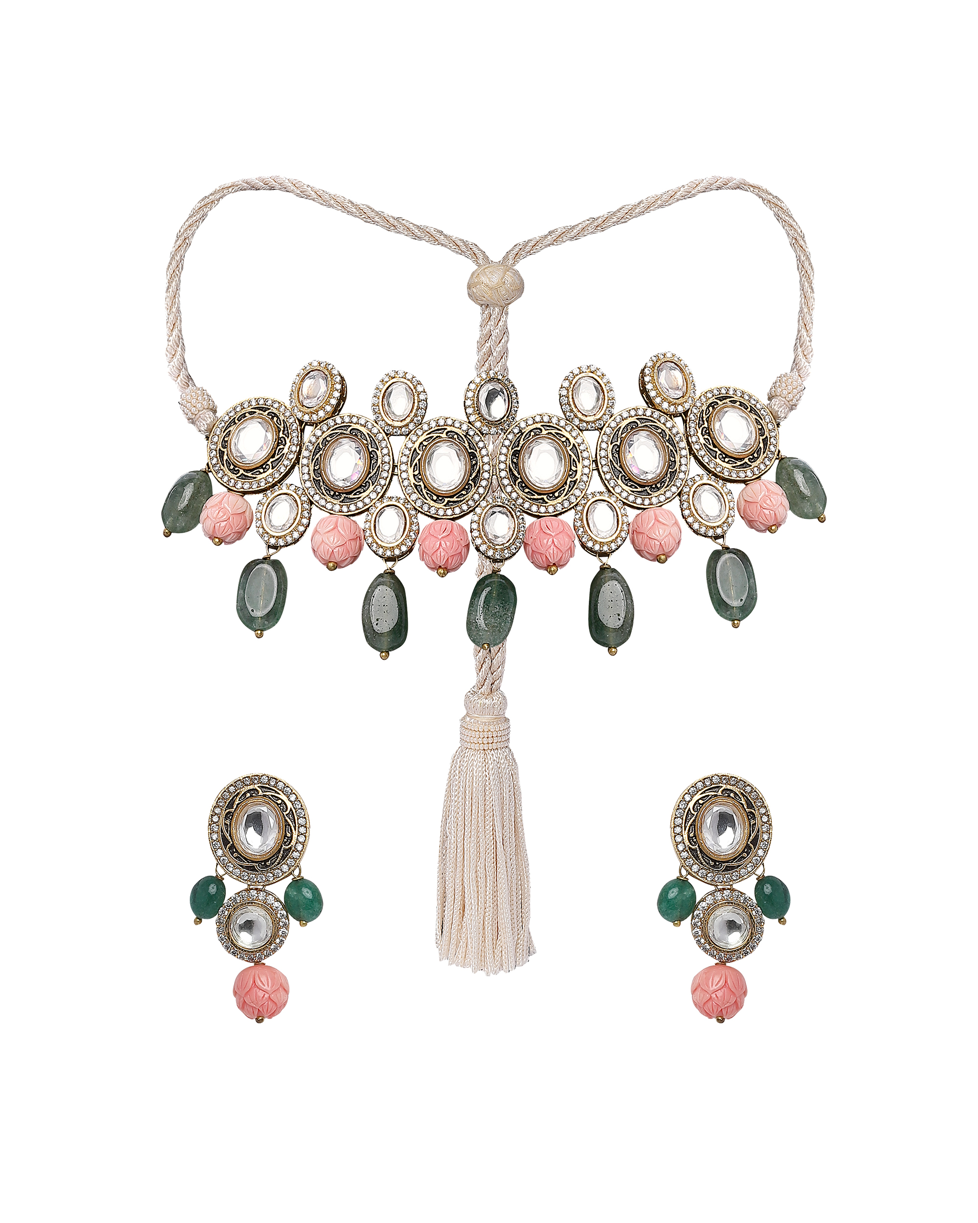 Coral beads necklace and earring set with meenakari lakhset of two by
