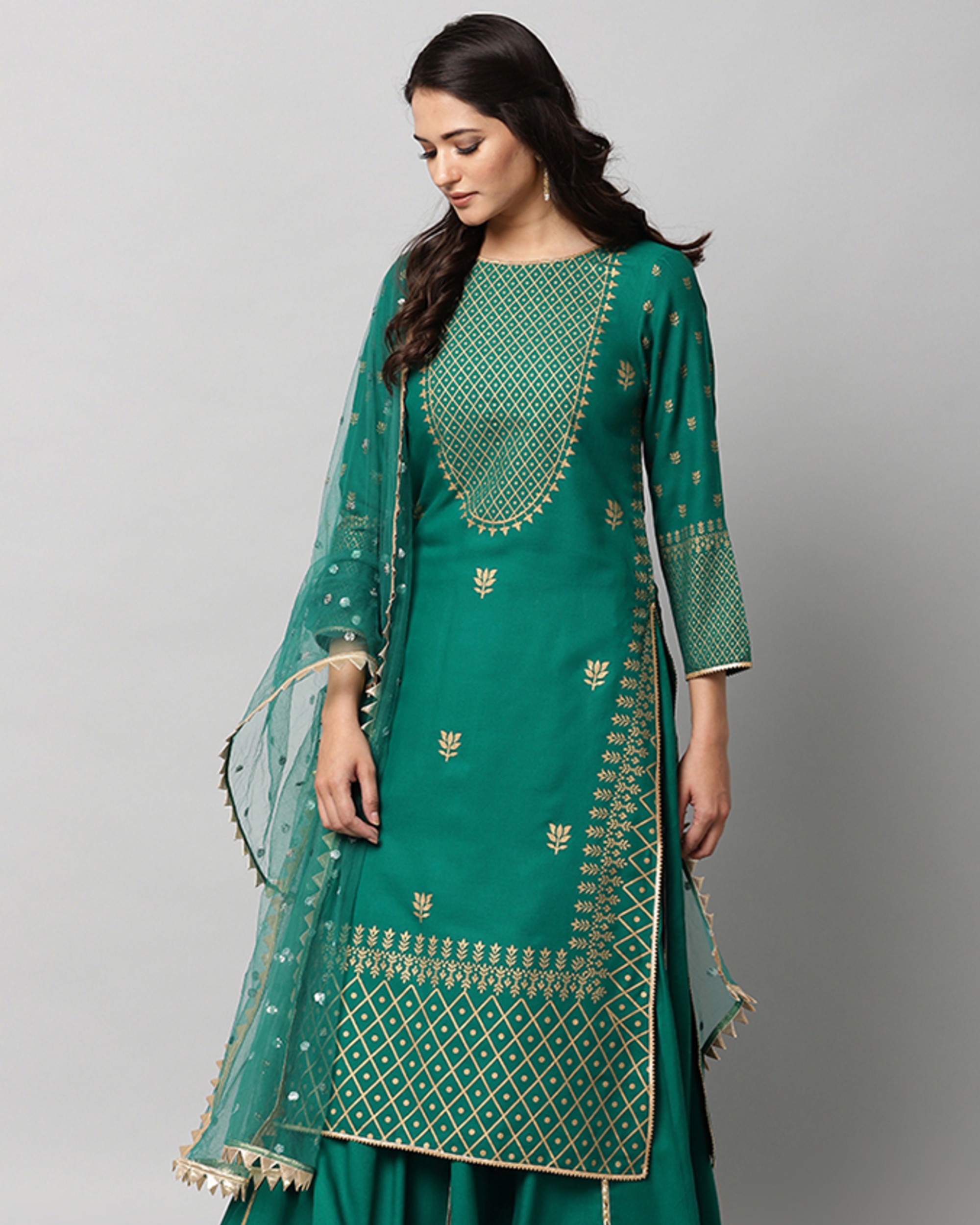 Emerald green gold printed kurta and kalidar skirt set with dupatta ...