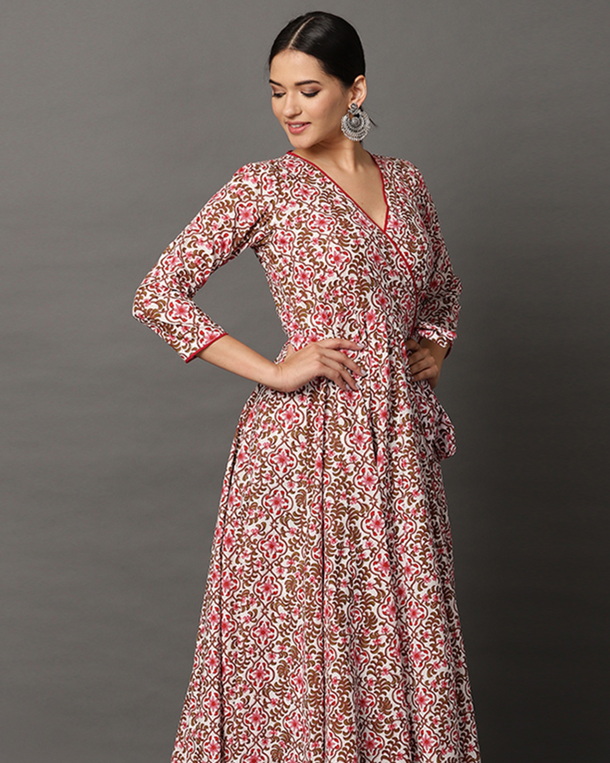 Pink floral printed angrakha dress by Rivaaj | The Secret Label