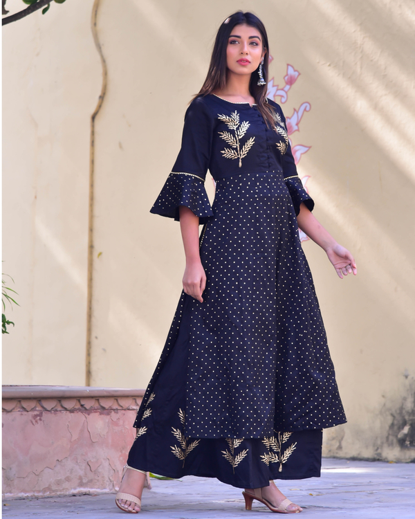 Indigo hand block printed kalidar kurta and palazzo set- set of two 2