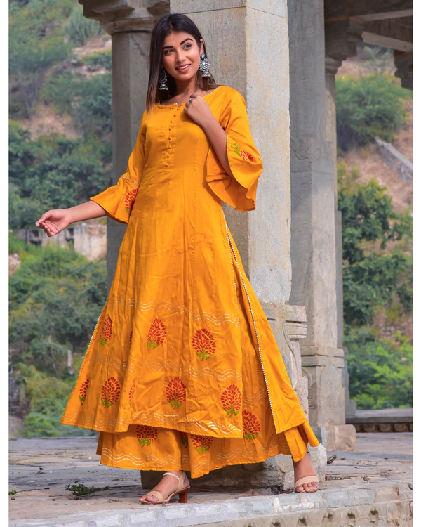 Mustard yellow block printed kalidar kurta and palazzo set- set of two 1
